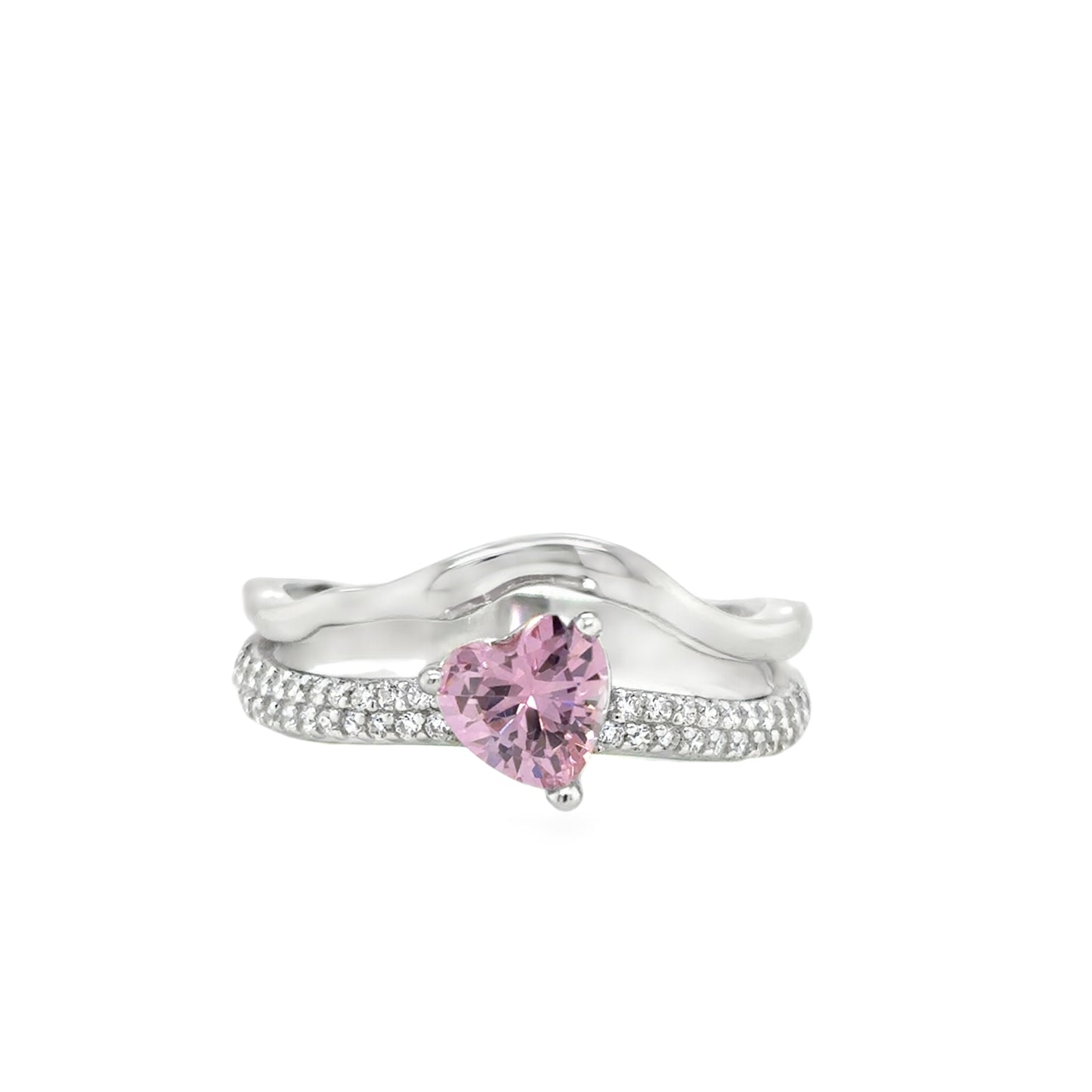Sterling Silver Pink CZ Heart Split Shoulder Wave Ring