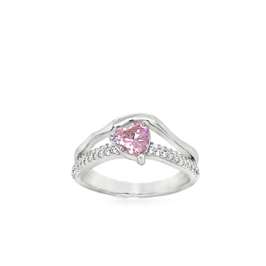 Sterling Silver Pink CZ Heart Split Shoulder Wave Ring