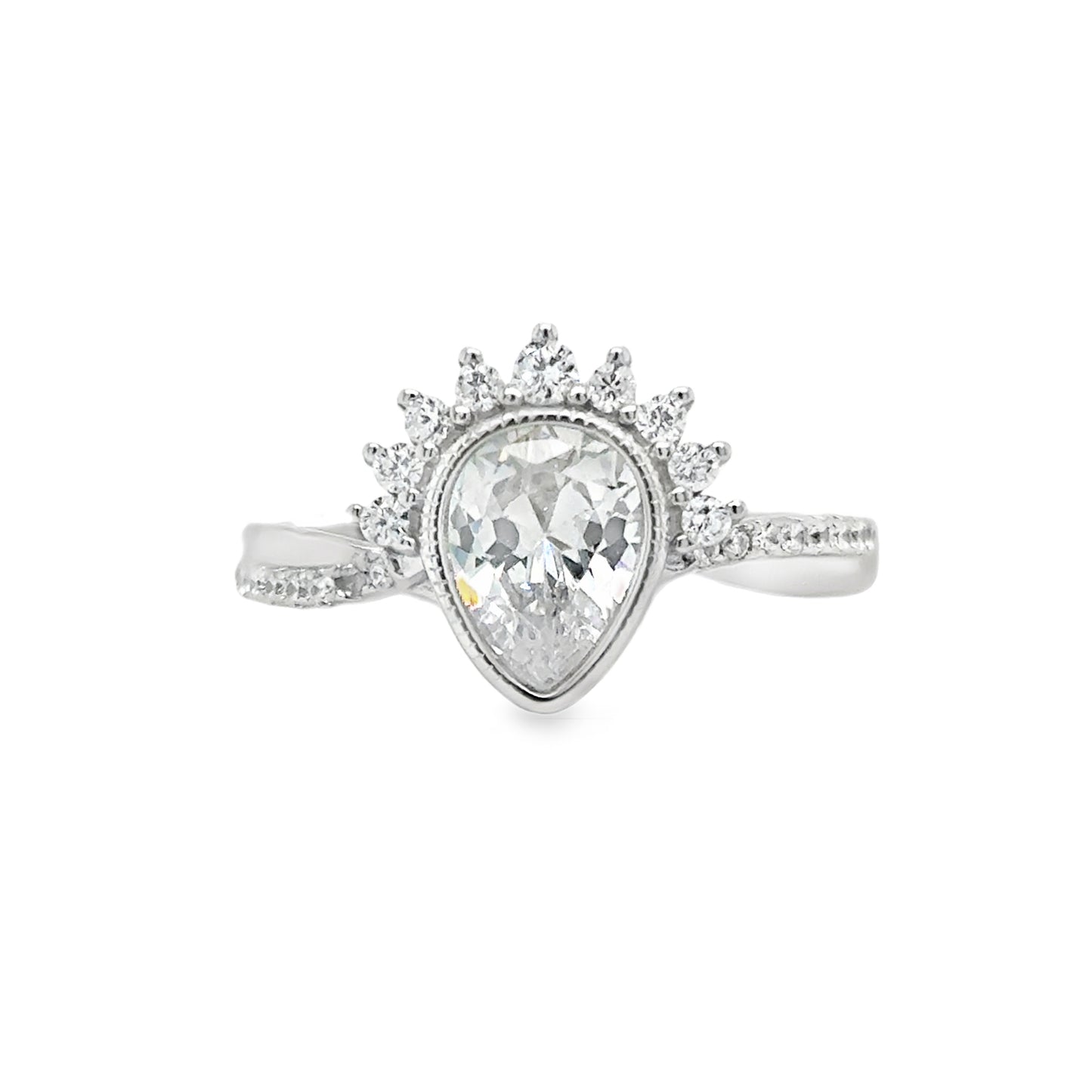 Sterling Silver CZ PearHalf Halo Ring With Shoulders