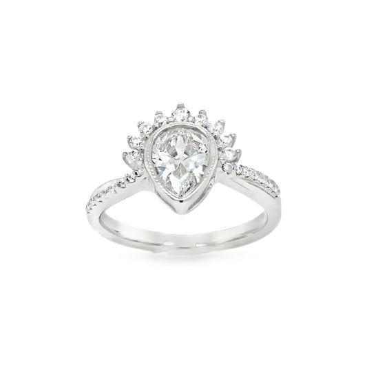 Sterling Silver CZ PearHalf Halo Ring With Shoulders