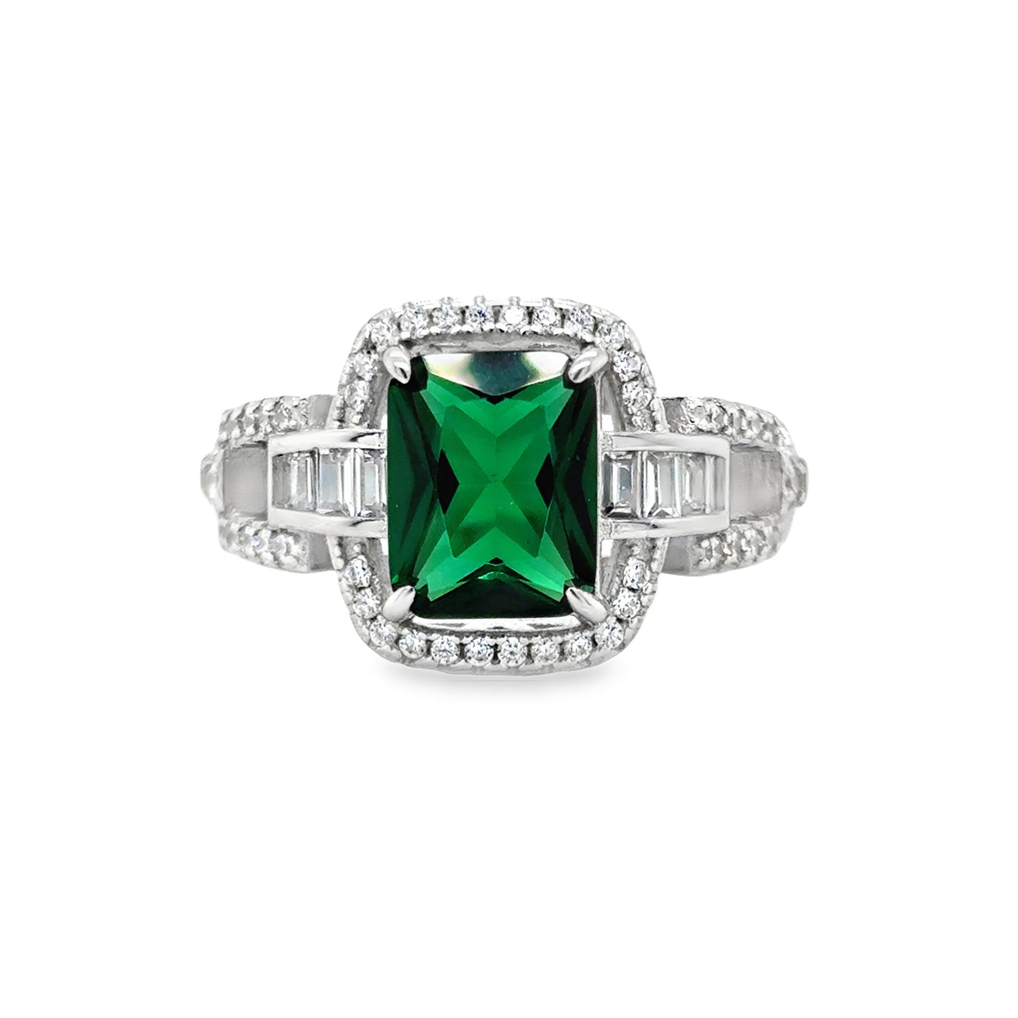 Sterling Silver CZ & Green Rectangular Halo Art Deco Style Ring