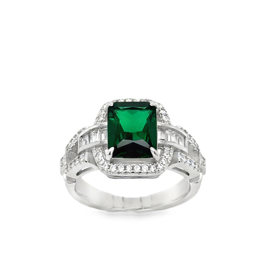 Sterling Silver CZ & Green Rectangular Halo Art Deco Style Ring