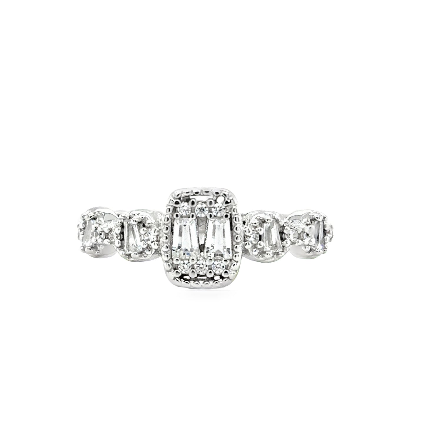 Sterling Silver Rectangular CZ Ring With Round CZ Shoulders