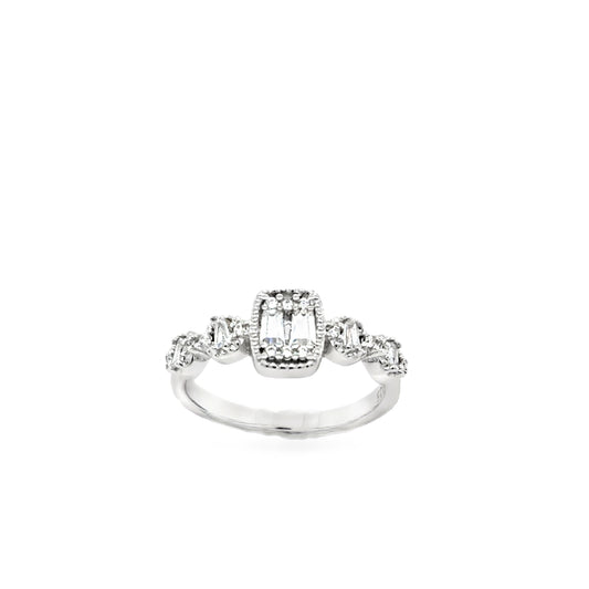 Sterling Silver Rectangular CZ Ring With Round CZ Shoulders