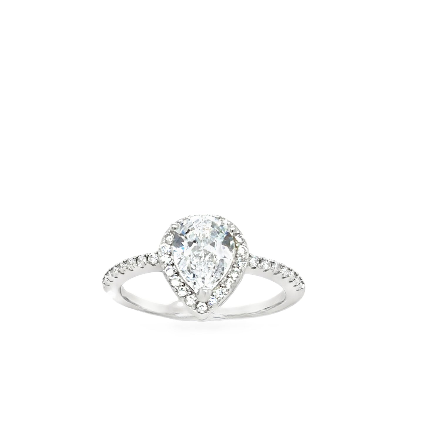 Sterling Silver CZ Pear Halo Ring With CZ Shoulders