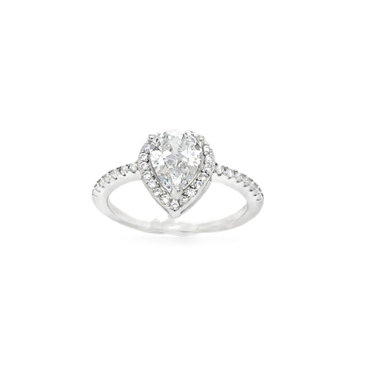 Sterling Silver CZ Pear Halo Ring With CZ Shoulders