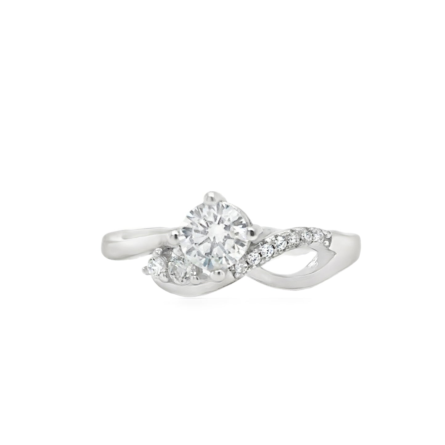 Sterling Silver CZ Soliatire Twist Ring With CZ Shoulders