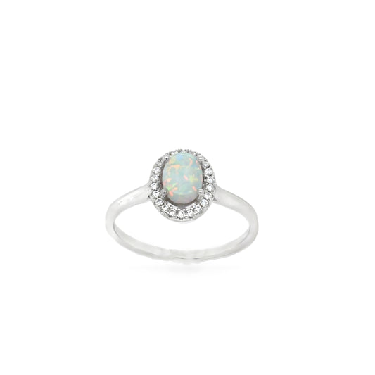 Sterling Silver Opal Oval Halo Ring