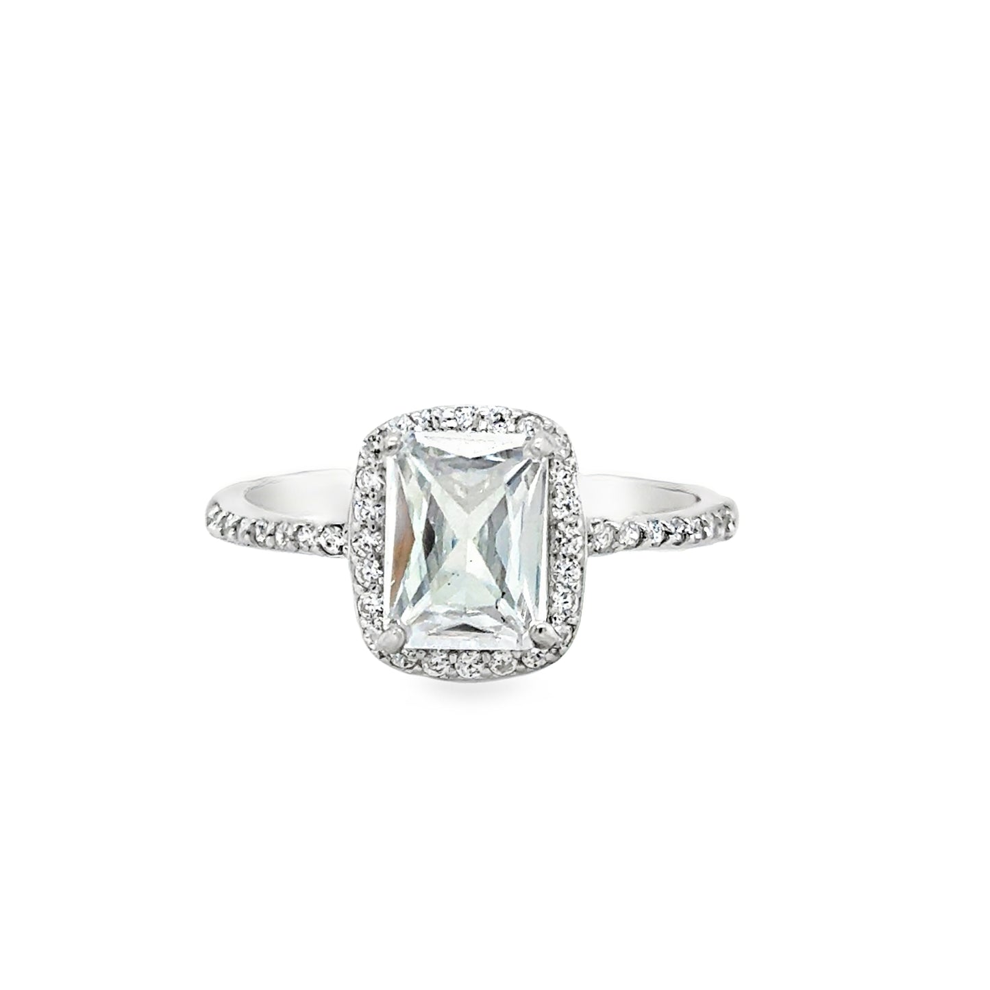 Sterling Silver Rectangular CZ Halo Ring With CZ Shoulders