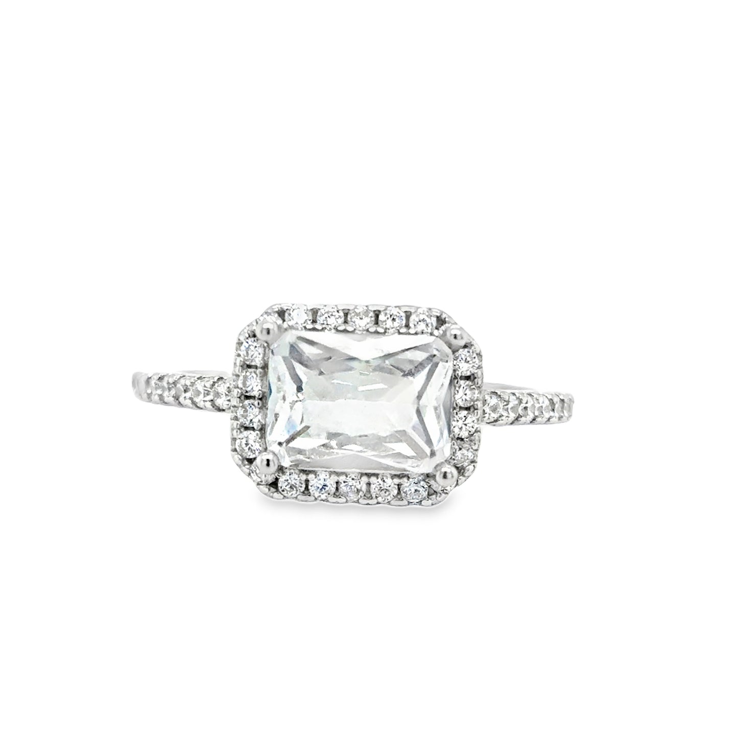 Sterling Silver Rectangular CZ Halo Ring With CZ Shoulders