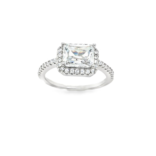 Sterling Silver Rectangular CZ Halo Ring With CZ Shoulders