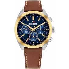 Gents Tommy Hilfiger Hudson Blue Chronograph Watch With Brown Strap