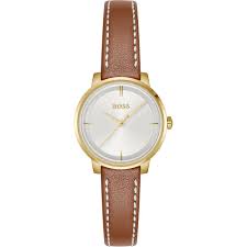 Ladies Rolled Gold Hugo Boss Lucia Round Dial With Brown Leather Strap