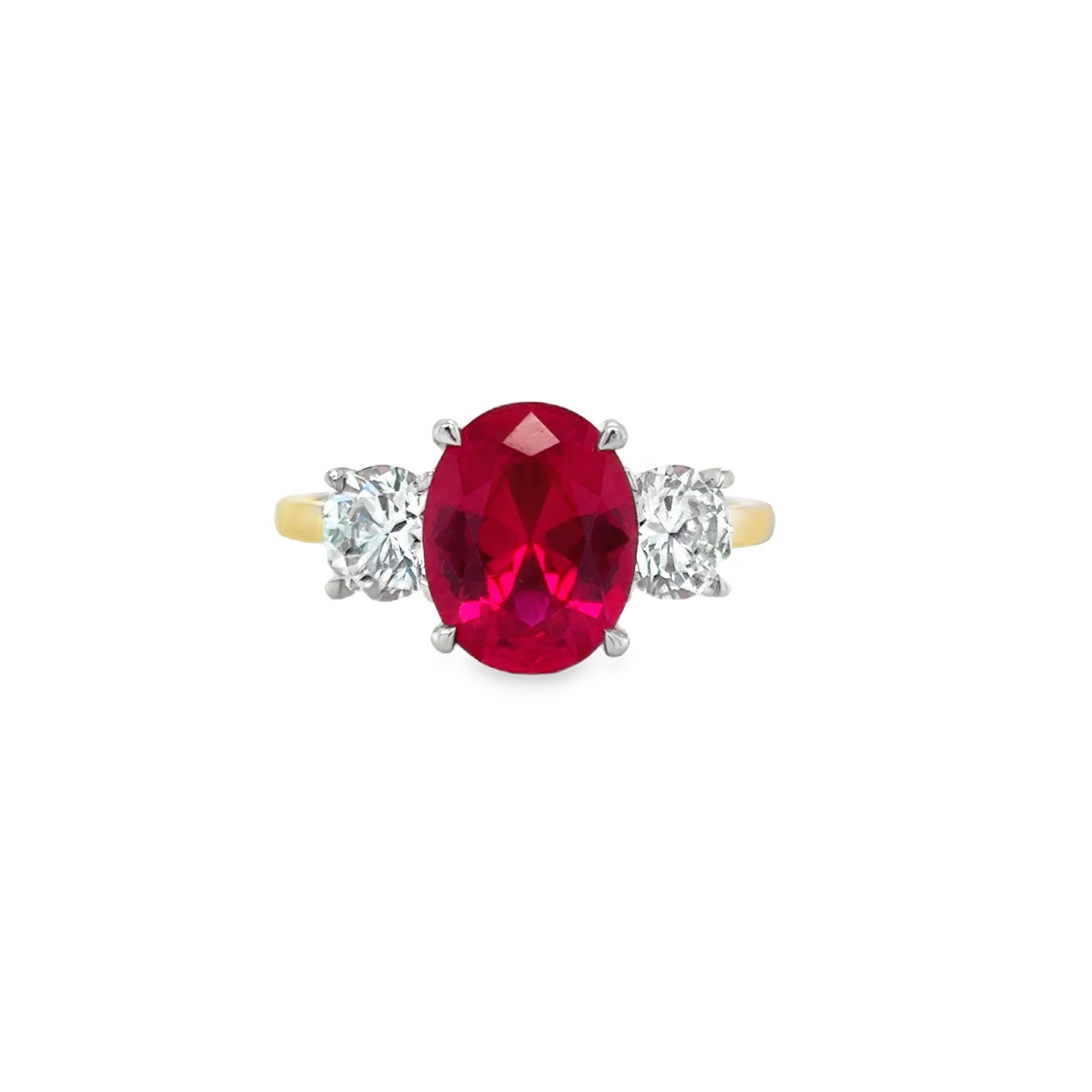 18ct 3 Stone Cultured Oval Ruby With Cultured Diamond Shoudlers 1.00ct