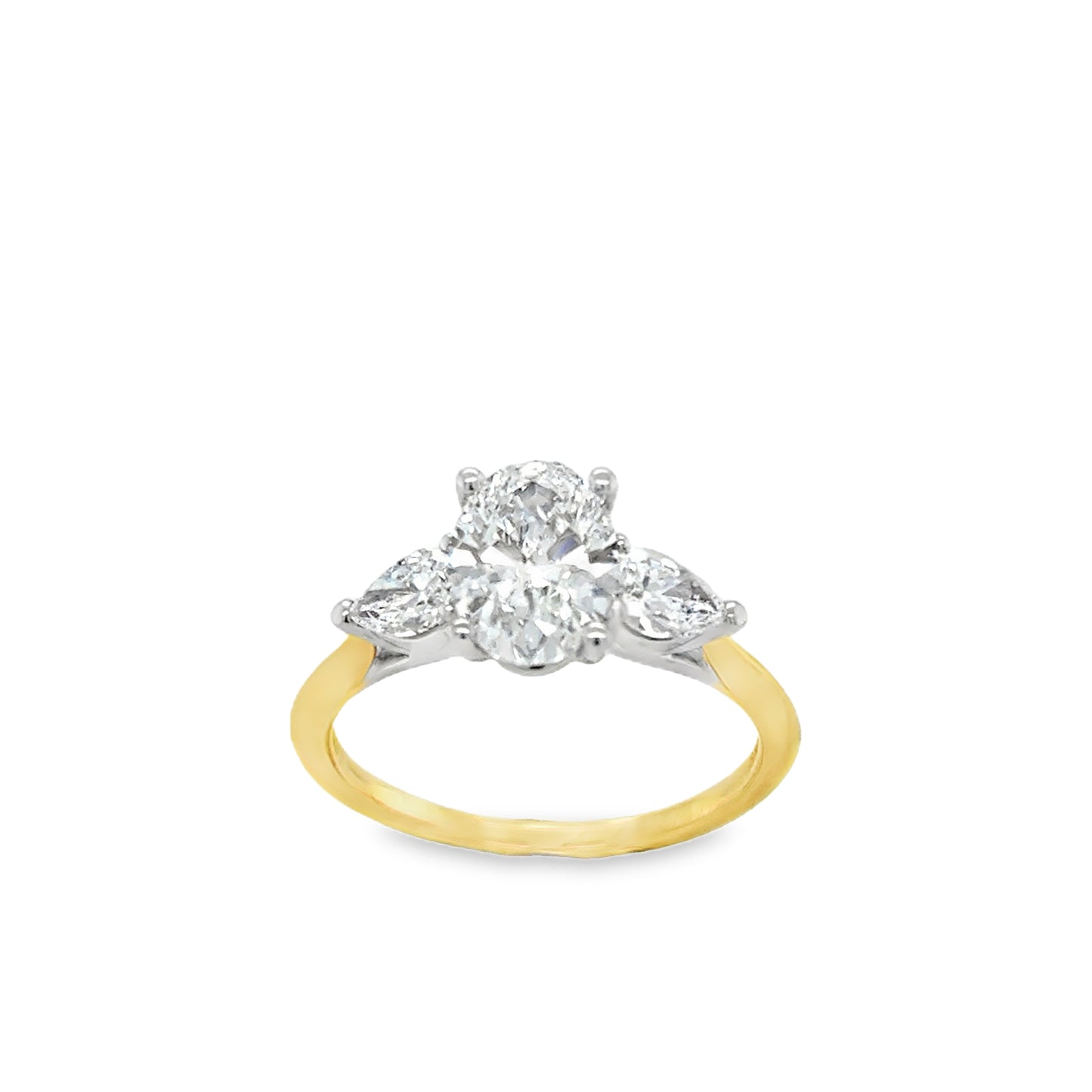 18ct 3 Stone Cultured Diamond Oval Centre Stone With Cultured Pear Cut Shoulders 2.10ct