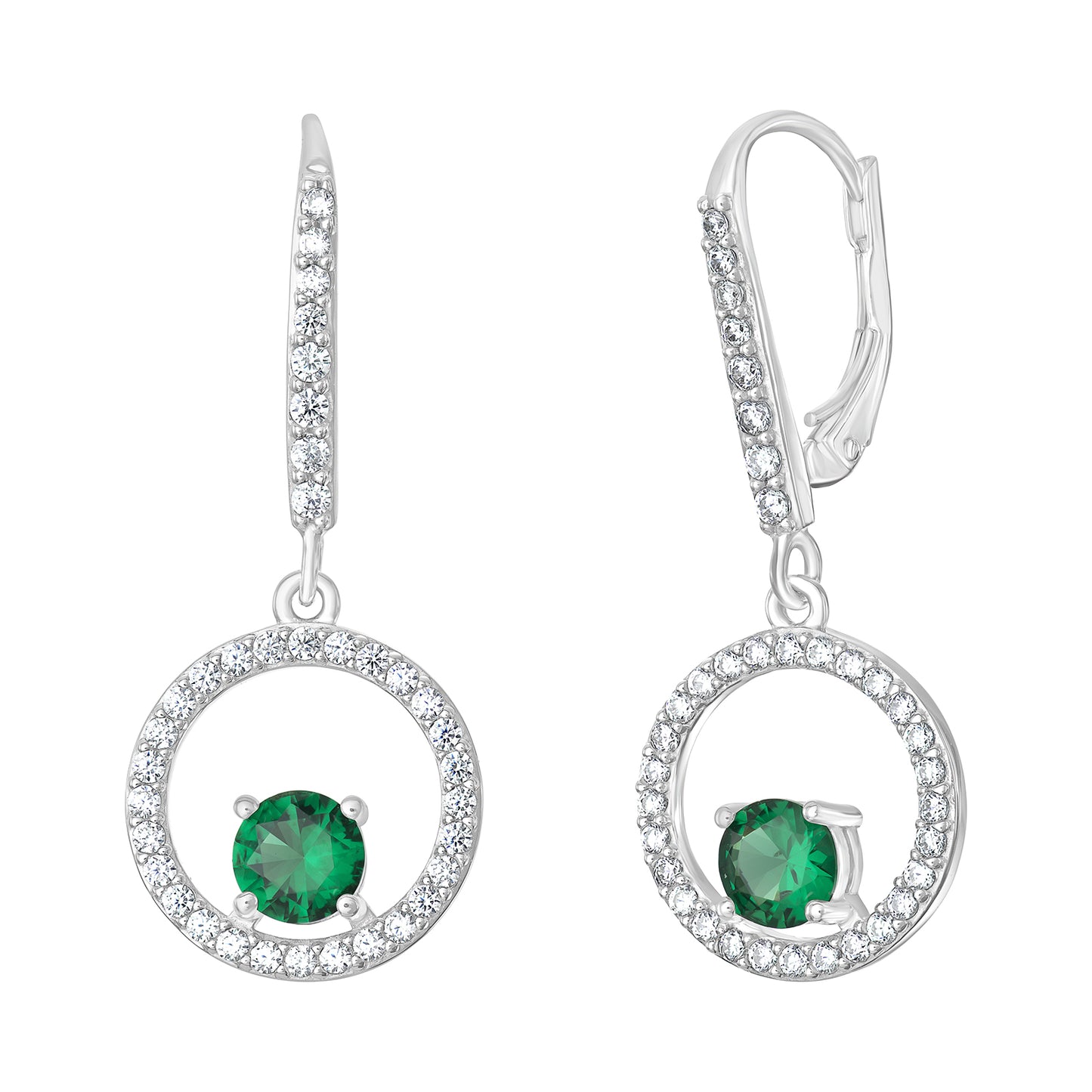 Sterling Silver CZ Open Circle Drop Earrings With Green CZ Centre