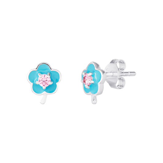 Sterling Silver Kids Enamel Blue Flower Earrings With Pink CZ Centre