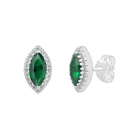 Sterling Silver Green CZ Marquise Halo Stud Earrings
