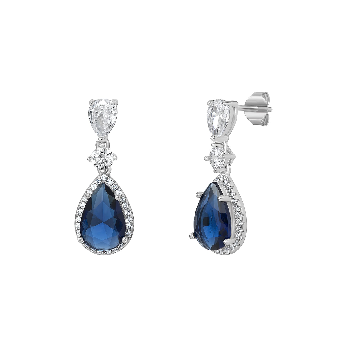 Sterling Silver CZ White & Blue Pear Drop Earrings