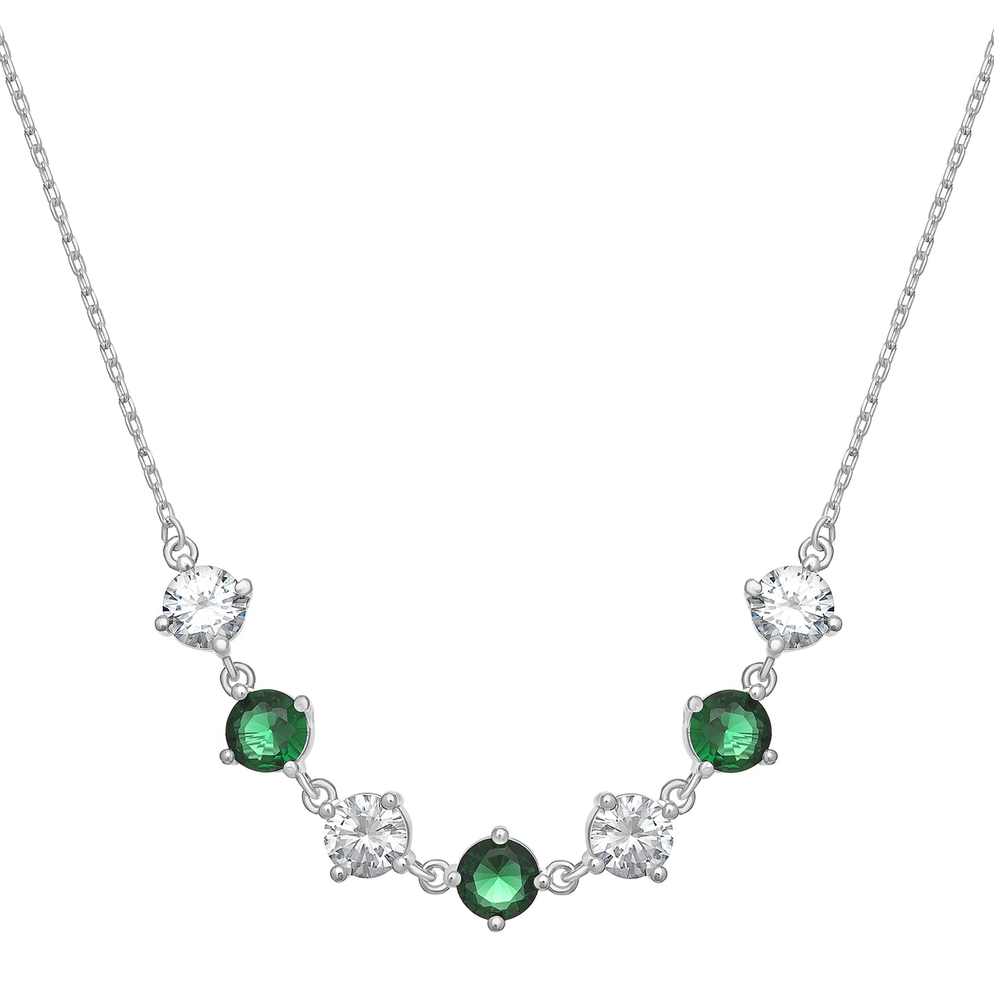 Sterling Silver CZ White & Green 7 Stone Necklet