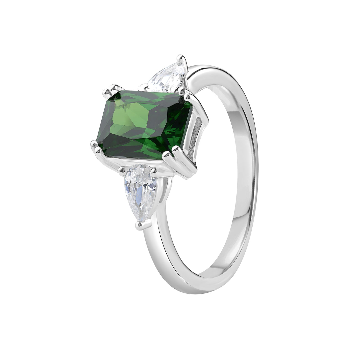Sterling Silver Green Emerald Cut Stone With CZ Pear Shoulders