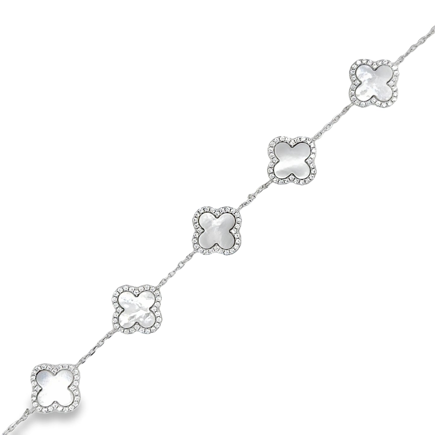 Sterling Silver CZ & Mother Of Pearl Clover Bracelet