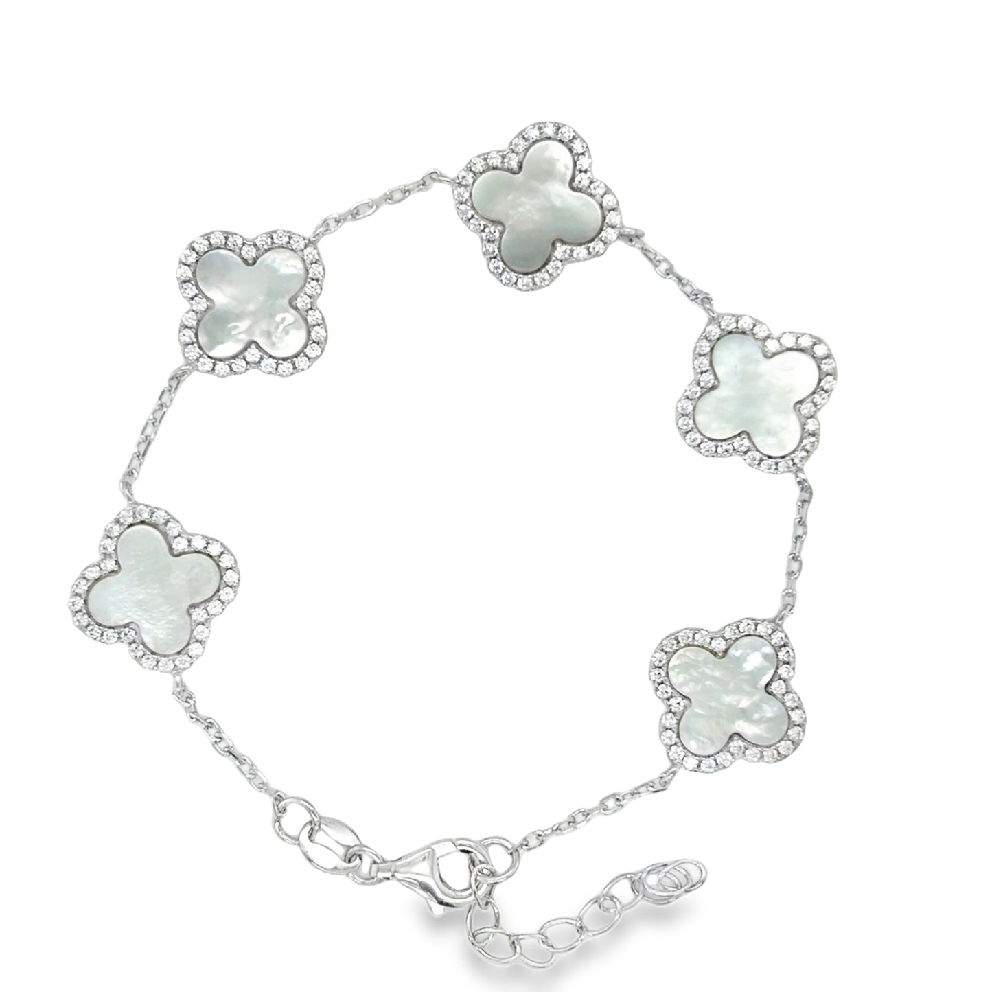 Sterling Silver CZ & Mother Of Pearl Clover Bracelet