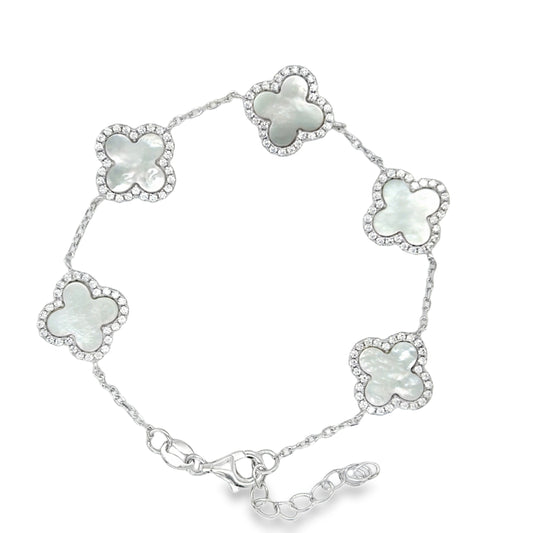 Sterling Silver CZ & Mother Of Pearl Clover Bracelet