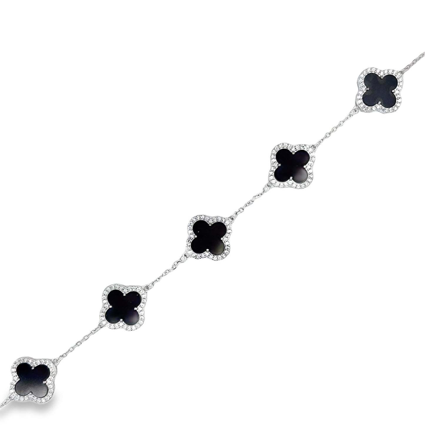 Sterling Silver CZ & Black Enamel Clover Bracelet