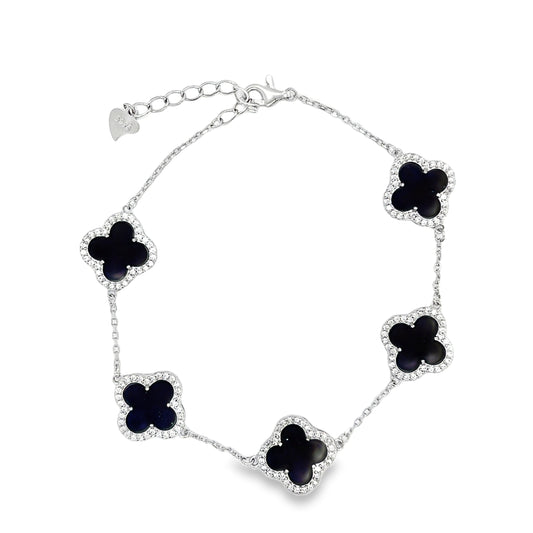 Sterling Silver CZ & Black Enamel Clover Bracelet