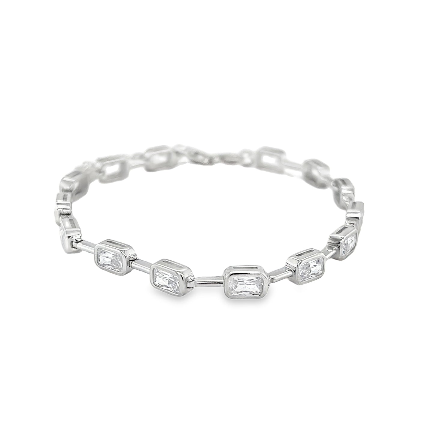 Sterling Silver CZ Rubover & Bar Link Bracelet