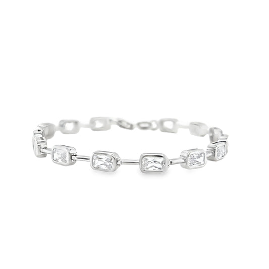 Sterling Silver CZ Rubover & Bar Link Bracelet