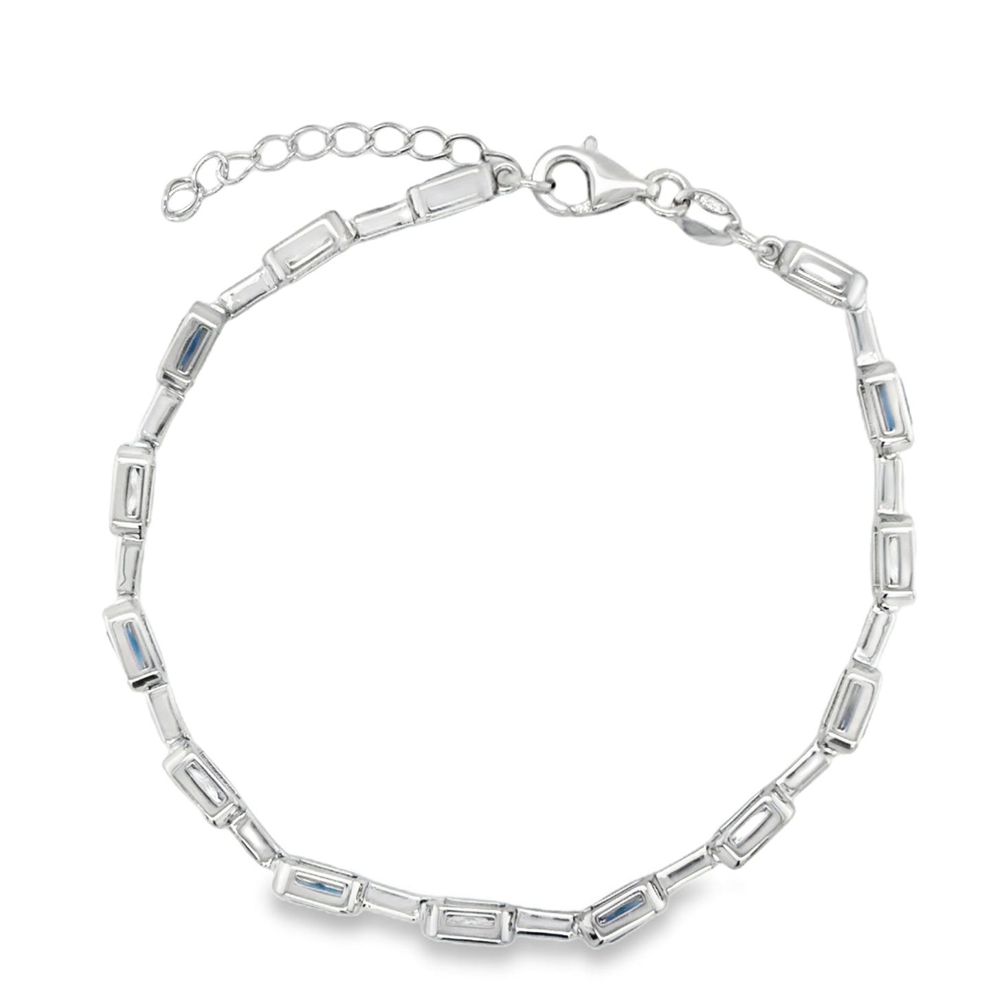 Sterling Silver CZ White & Blue Rubover & Bar Link Bracelet