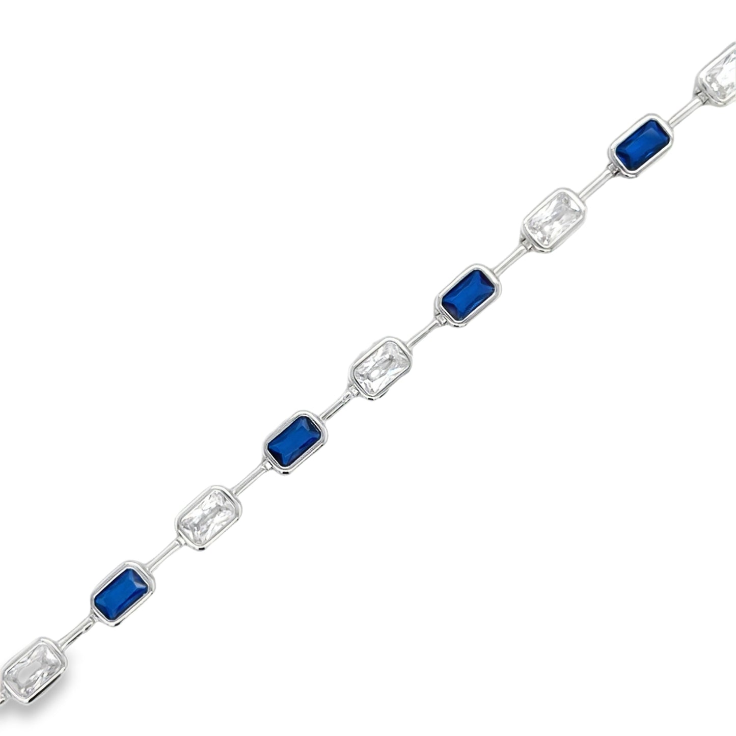 Sterling Silver CZ White & Blue Rubover & Bar Link Bracelet