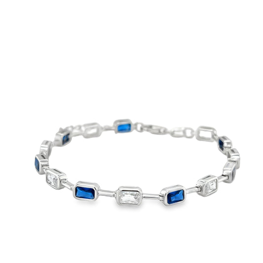 Sterling Silver CZ White & Blue Rubover & Bar Link Bracelet