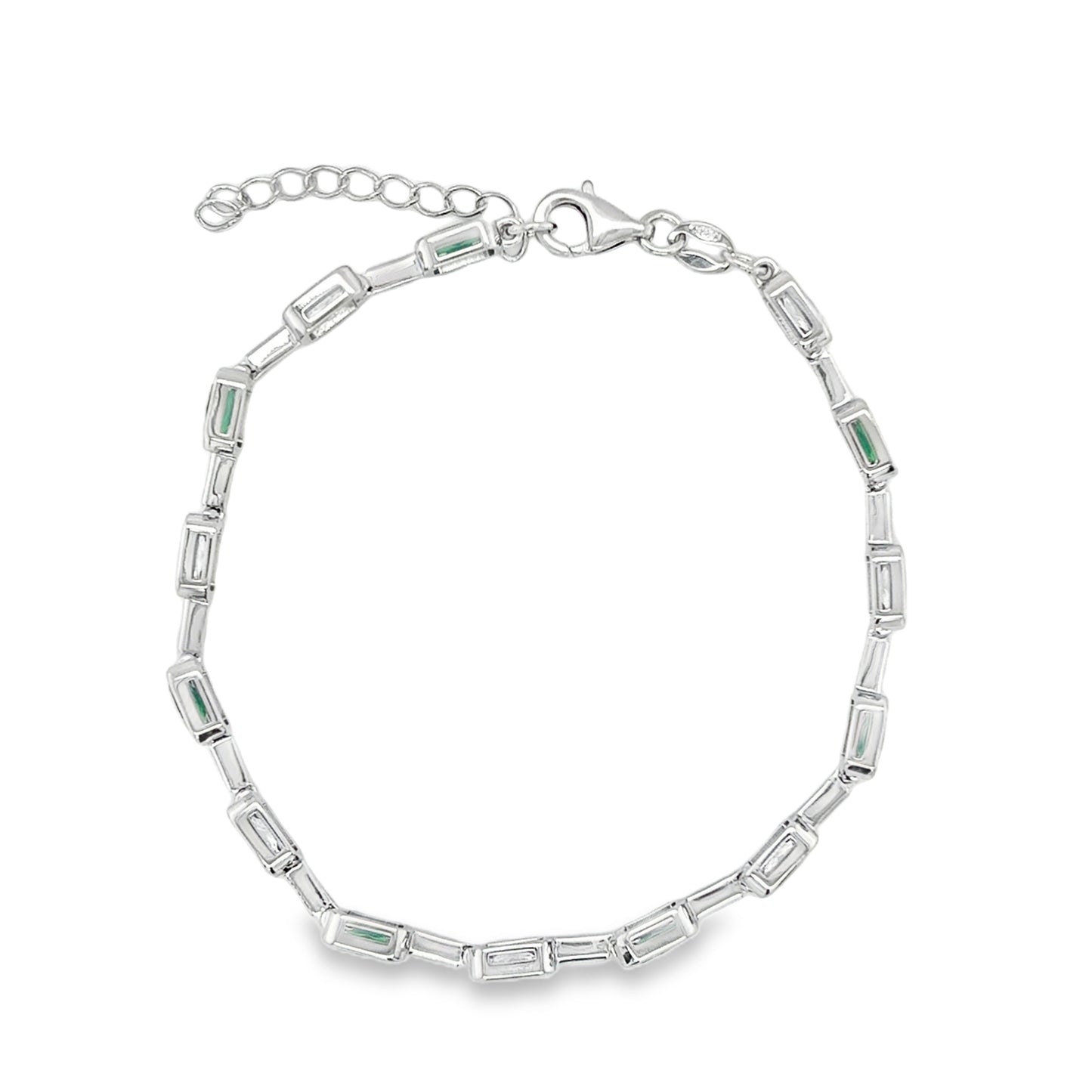 Sterling Silver CZ White & Green Rubover & Bar Link Bracelet