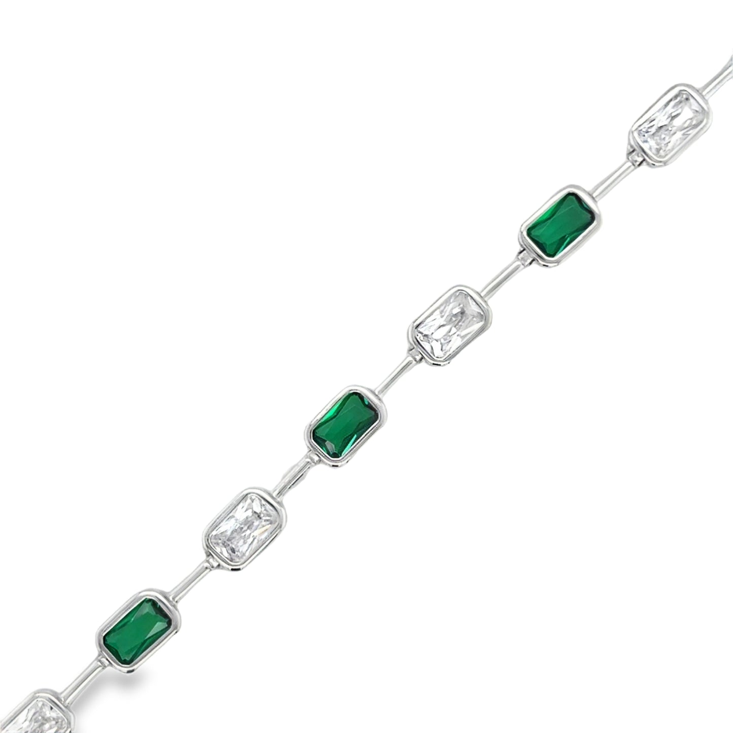 Sterling Silver CZ White & Green Rubover & Bar Link Bracelet