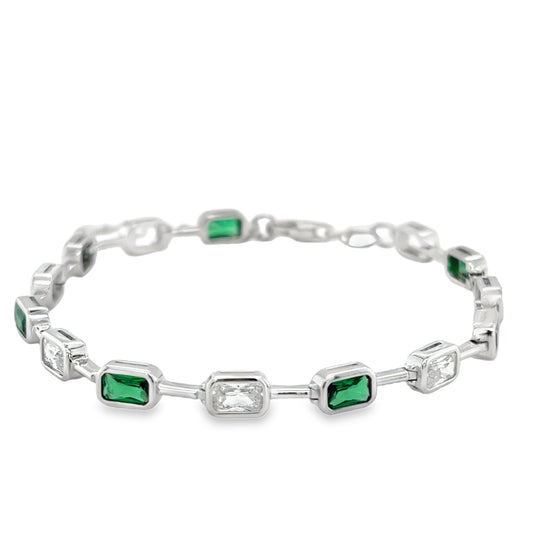 Sterling Silver CZ White & Green Rubover & Bar Link Bracelet