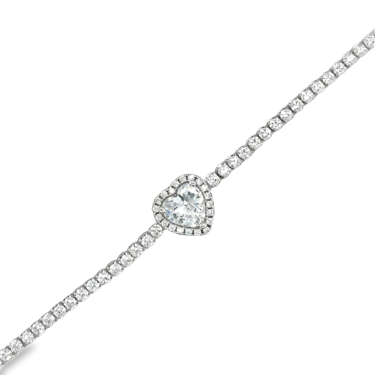 Sterling Silver CZ Tennis Bracelet With Heart Halo Centre