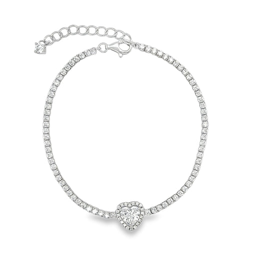 Sterling Silver CZ Tennis Bracelet With Heart Halo Centre
