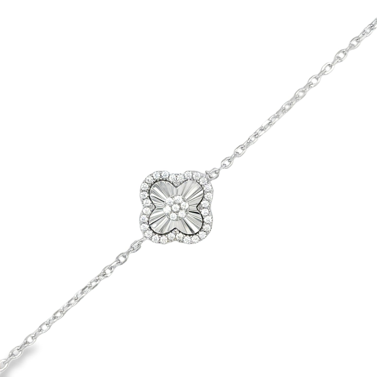 Sterling Silver CZ Diamond Cut Clover Bracelet