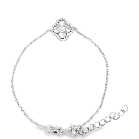 Sterling Silver CZ Diamond Cut Clover Bracelet