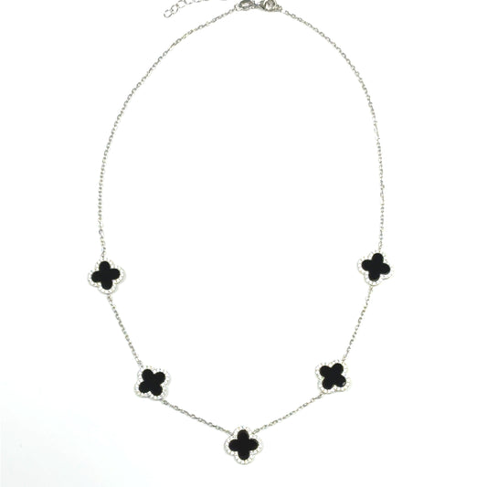 Sterling Silver CZ & Black Enamel Clover Scatter Necklet