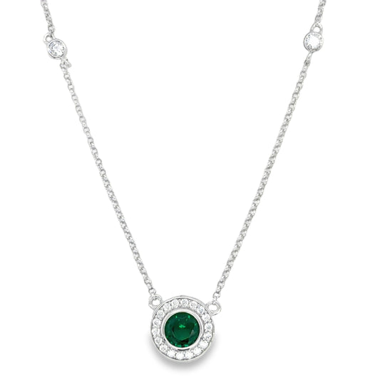 Sterlng Silver CZ Green Round Halo Pendant
