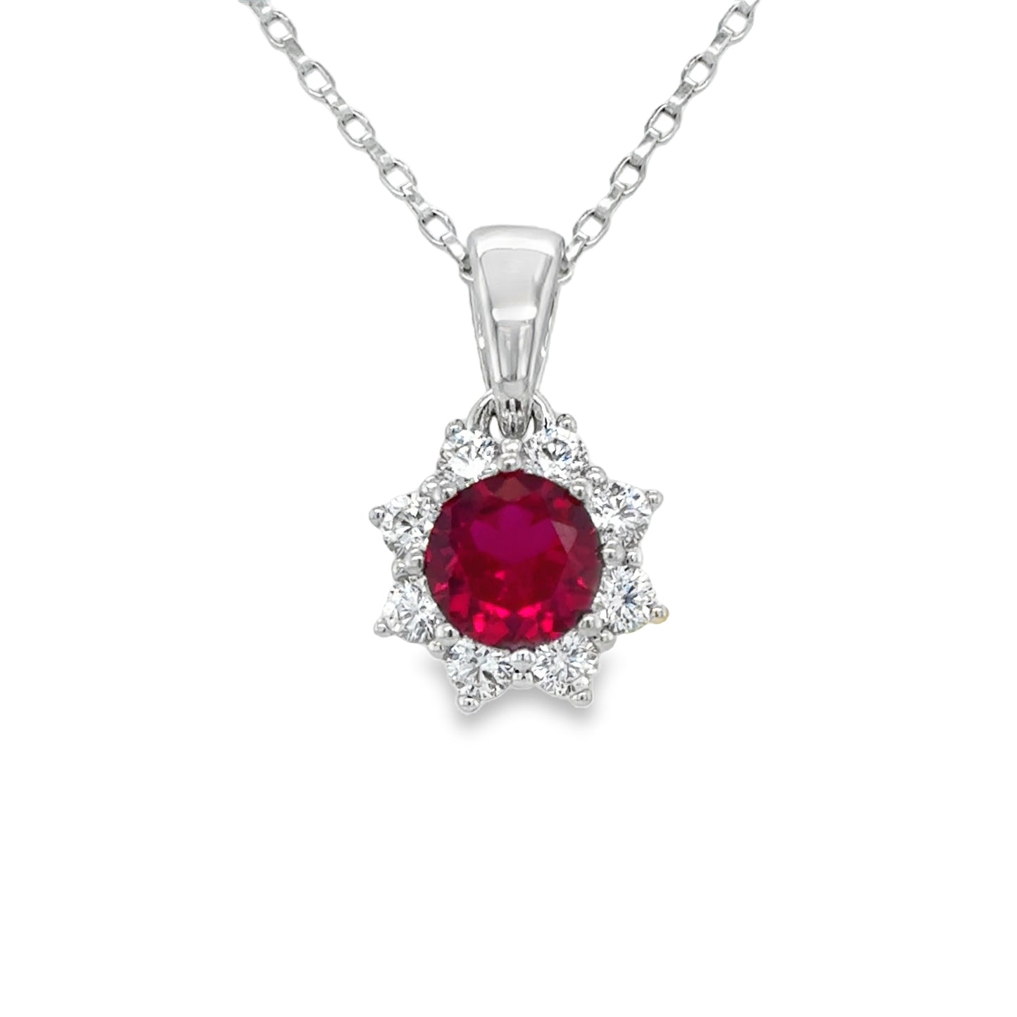Sterling Silver CZ Round Halo Pendant With Red Centre