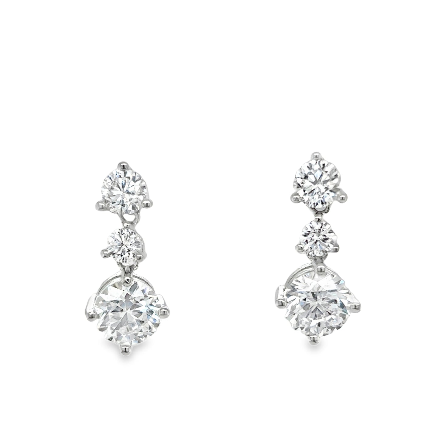 Sterling Silver Three Stone Round CZ Drop Earrings