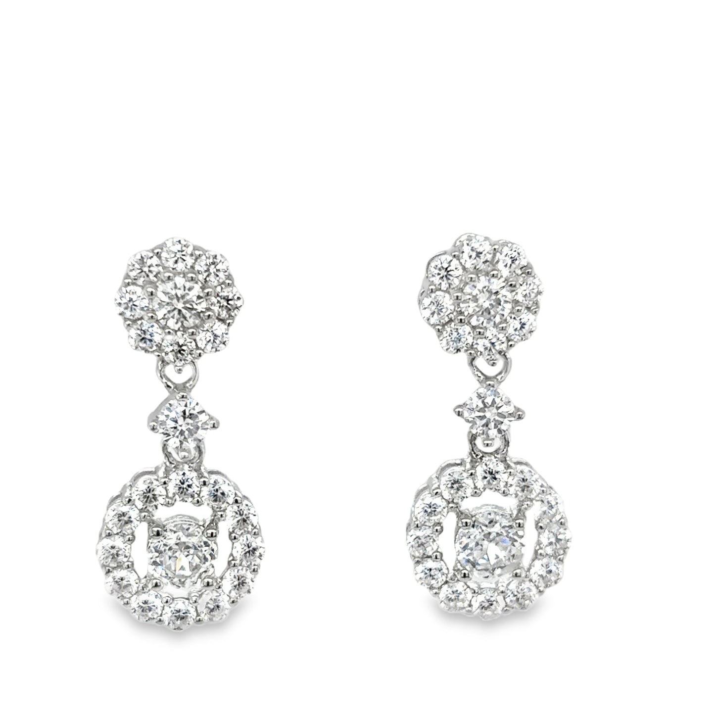 Sterling Silver Round CZ Cluster Drop Earrings