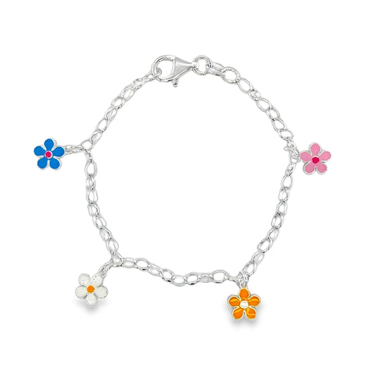 Sterling Silver Multicolour Enamel Flower Charm Bracelet