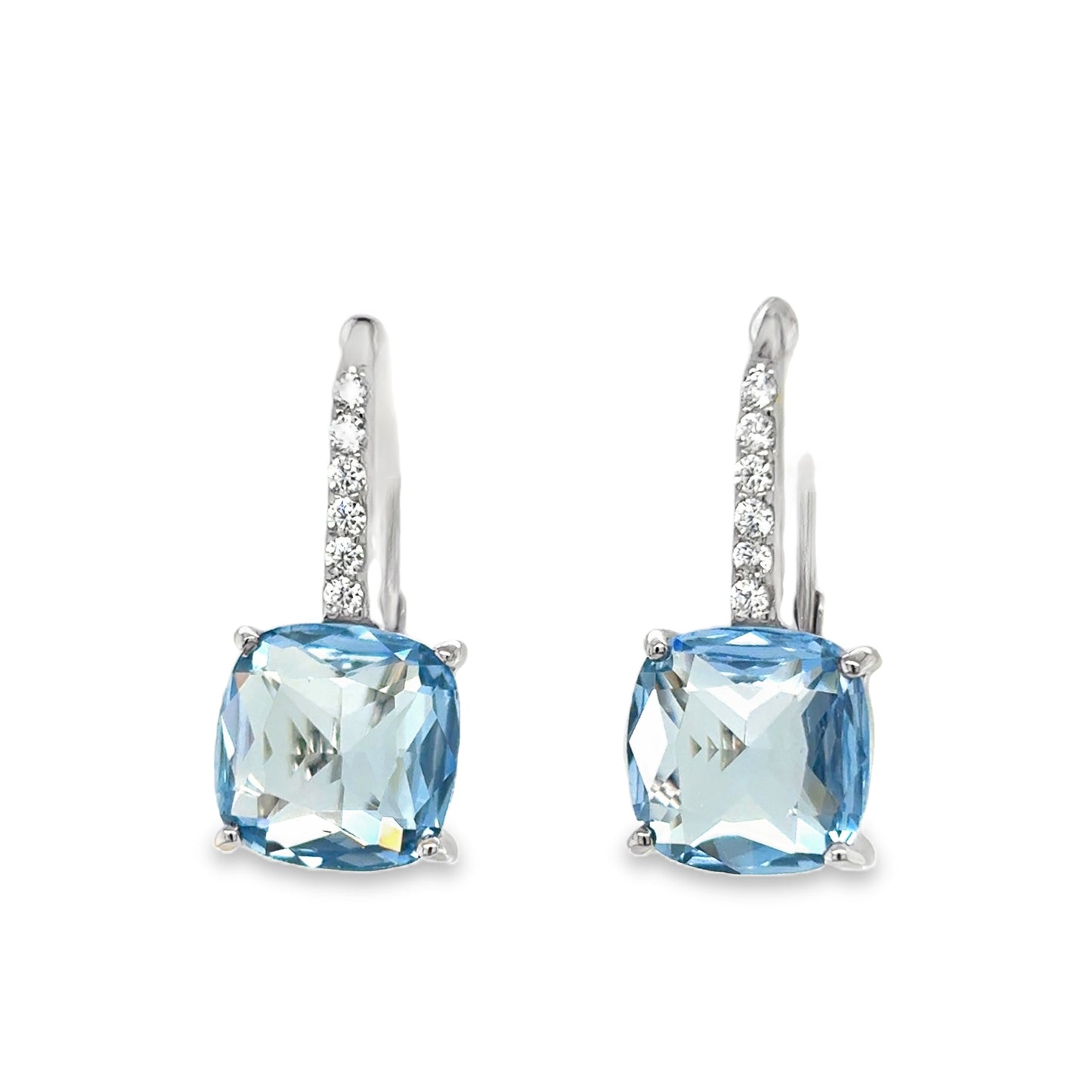Sterling Silver Cushion Cut Blue CZ Huggy Drop Earrings