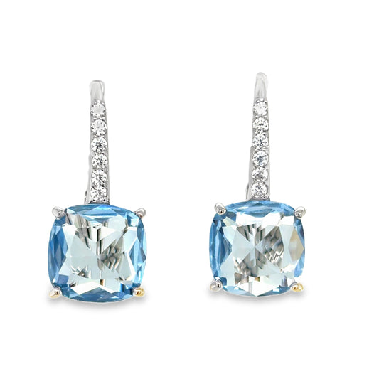 Sterling Silver Cushion Cut Blue CZ Huggy Drop Earrings